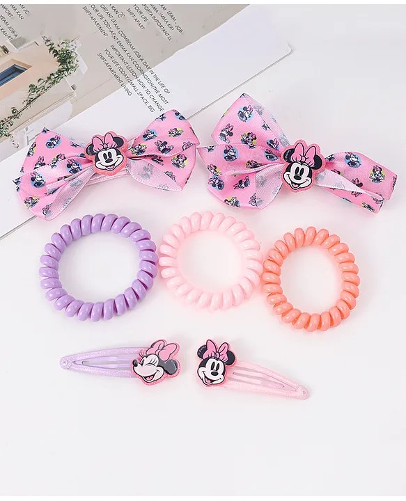 Babyhug Disney Free Size Hair Accessories Combo Set with Minnie Mouse Applique - Pink & Purple